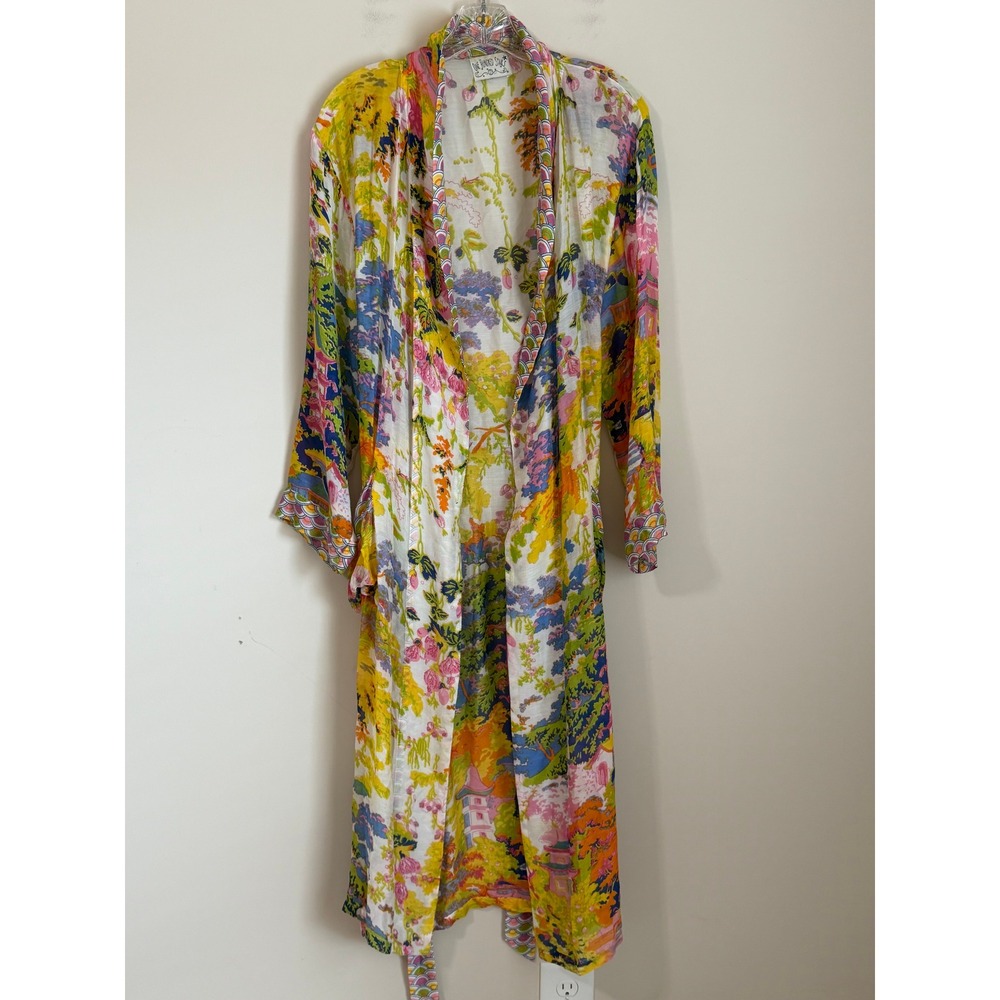 One Hundred Stars Belt Duster Kimono Dressing Gown Womens OS Pagoda Asian Print